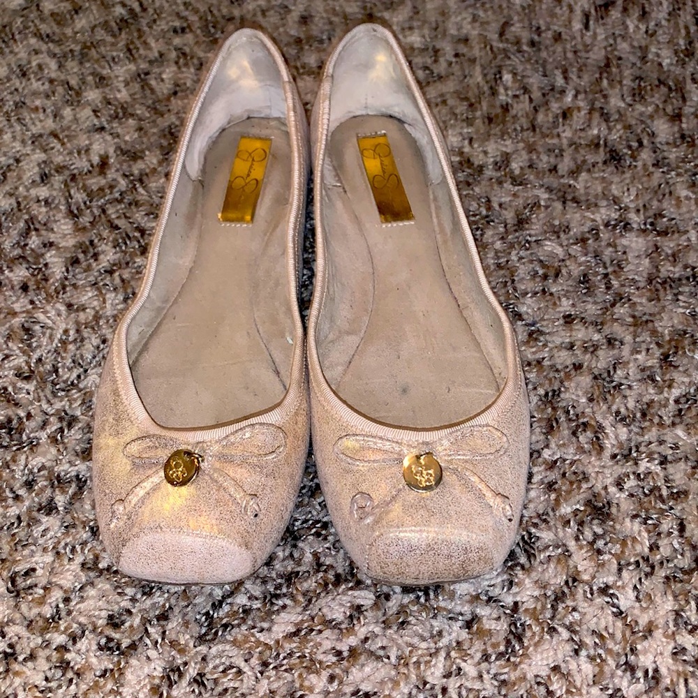 Tan with gold sparkle square toe slip on